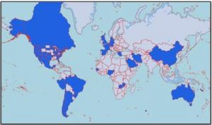 Image shows map of world with countries from where UC Davis Alumni sent the CCDF in dark blue 