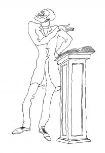 Illustration shows an elegant man standing at a podium waving his had over an open book